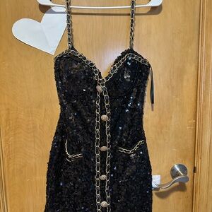 Fashion Nova Black Sequin Chain-Trim Mini Dress